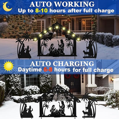 3Pack Lighted Metal Nativity Scene Garden Stake,Solar Christmas Decorations Outdoor,Silhouette Nativity Set Outside for Yard Decor