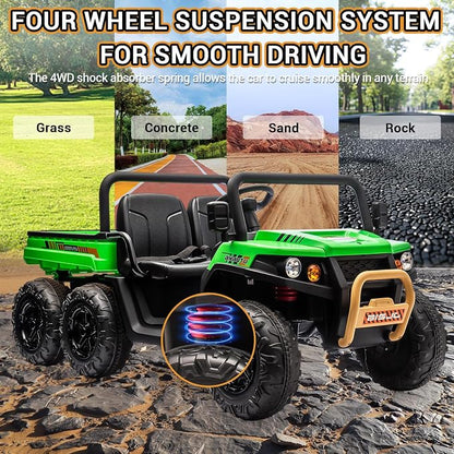 Hetoy 2 Seater Ride on Dump Truck, 24V Electric Vehicle Toys for Kids with Remote Control, Ride on Car with Electric Dump Bed, Toy Shovel, Music, LED Headlights & Spring Suspension- Ages 3+ (Green)