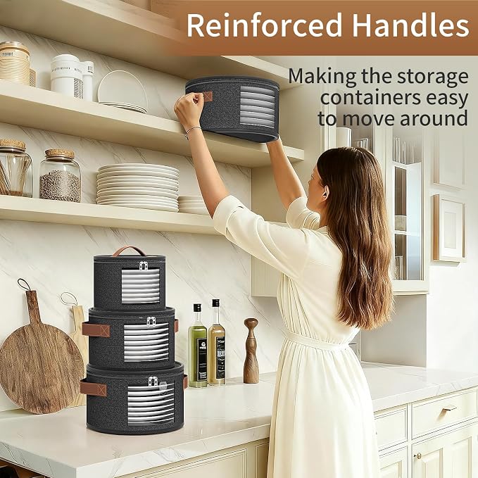 Foyego China Storage Containers, Dark Gray, 4 Piece Set | with Lid, Handles & Visible Window, Stackable Moving Boxes for Plates Storage, Sturdy Dish Packing Supplies for Protection