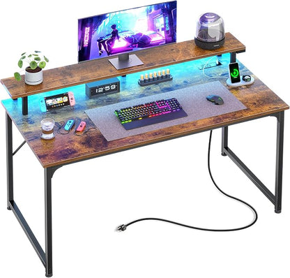 PRAISUN 40 inch Gaming Desk, LED & Outlets, Monitor Stand, Rustic Brown | Sturdy PC Desk for Home Office, Study & Work, LED Lights, 4 AC Outlets & USB-C Charging Station
