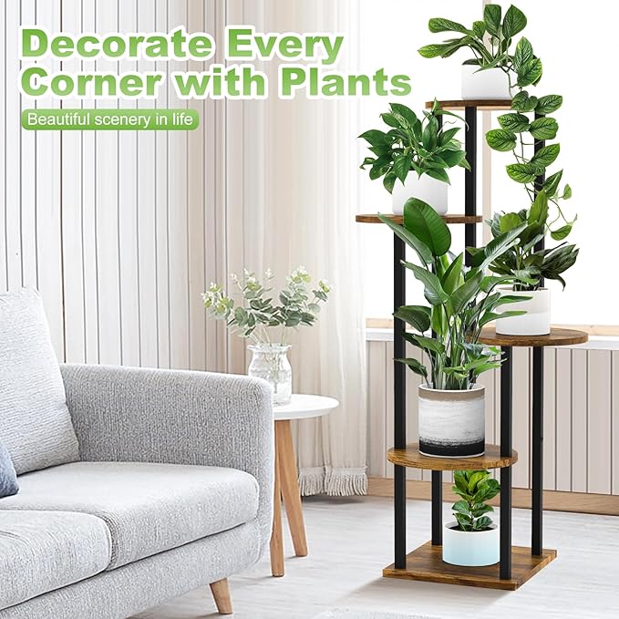 5 Tier Wood Tall Plant Stand Metal Rack Indoor, Multiple Flower Pot Holder Shelves Corner Rack, Round Planter Shelf Display Rack Storage Organizer for Patio Living Room Balcony(Black)