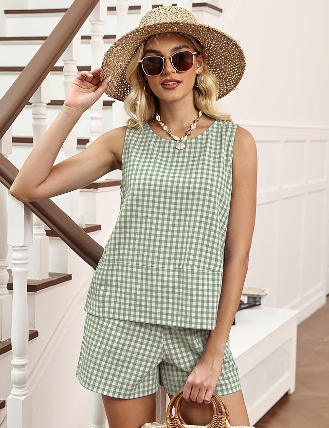 LOMON Women's Trendy 2 Piece Outfits Shorts Sets Summer Crew Neck Sleeveless Tank Top and Bottom Matching with Pockets 2026