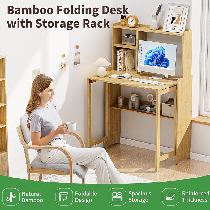 Folding Desk for Small Spaces, Bamboo Foldable Desk with Bookshelf, Natural | Small Computer Desk with Storage, Mid Century, Fold Out，Compact Size, for Bedroom, Living Room, Apartment, Home Office