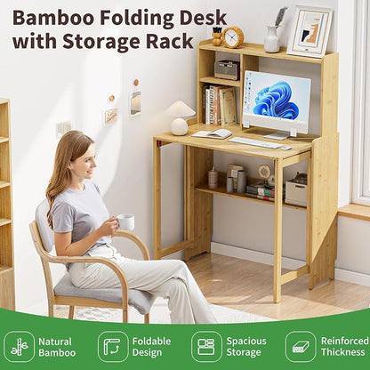 Folding Desk for Small Spaces, Bamboo Foldable Desk with Bookshelf, Natural | Small Computer Desk with Storage, Mid Century, Fold Out，Compact Size, for Bedroom, Living Room, Apartment, Home Office