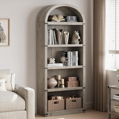 GarveeHome Bookcase 5 Shelf Arched Bookshelf 71.65 in Tall Bookcase Farmhouse Display Storage Rack Wooden Bookshelves for Home Office, Living Room (Rustic Gray)