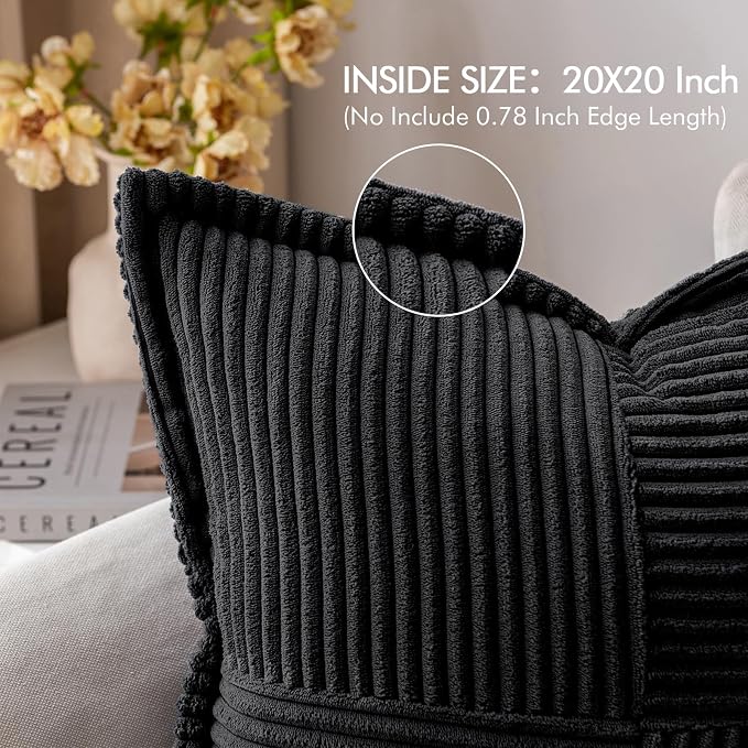 MIULEE Decorative Throw Pillow Covers for Couch Bed Livingroom 20x20 Inch Set of 2 Black Boho Accent Throw Pllows Broadside Striped Patchwork Soft Corduroy Pillowcases