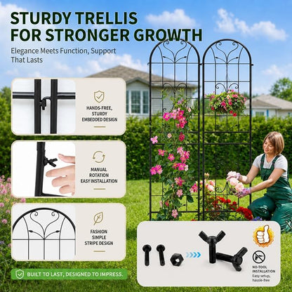 2-Pack 87" x 20" Ornate Scrollwork Arch Black Metal Garden Trellises | Set of 2 rust-resistant trellises with heart scrollwork, arched tops, stakes, and support for roses, vines, or vegetables
