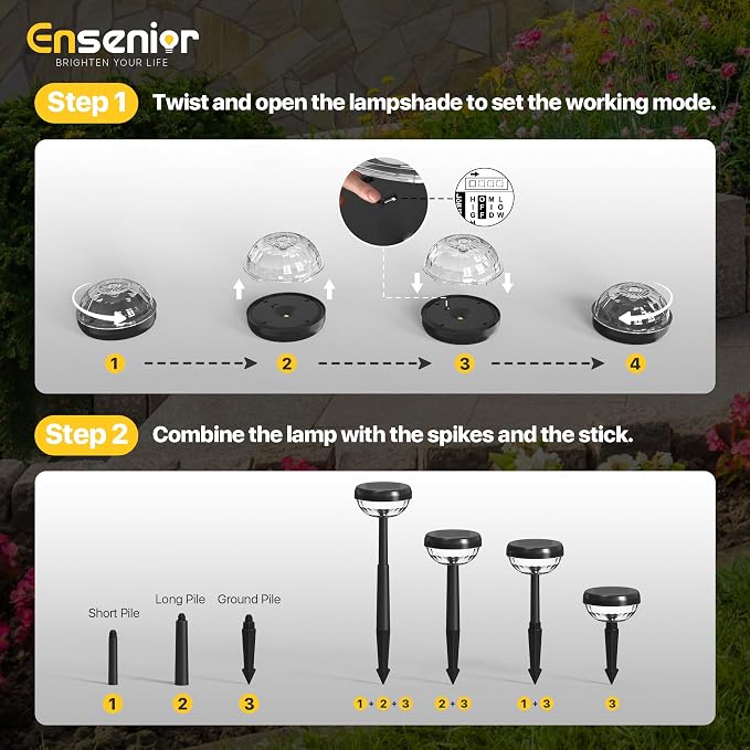 Ensenior Solar Pathway Lights IP65 Waterproof, RGB Color Changing & 3000K Warm White, 8-16Hr Runtime, Flower Pattern Garden Lights for Walkway Porch Yard - 10 Pack