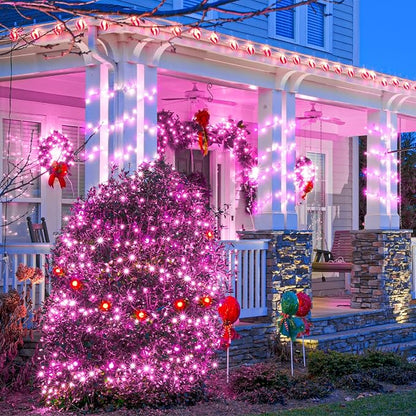 2 Pack Christmas Lights Outdoor, Total 200FT 600LED Christmas Tree Lights Indoor Waterproof, Plug in 8 Modes String Lights for Outside Bedroom Patio Garden Party Holiday Decorations, Pink