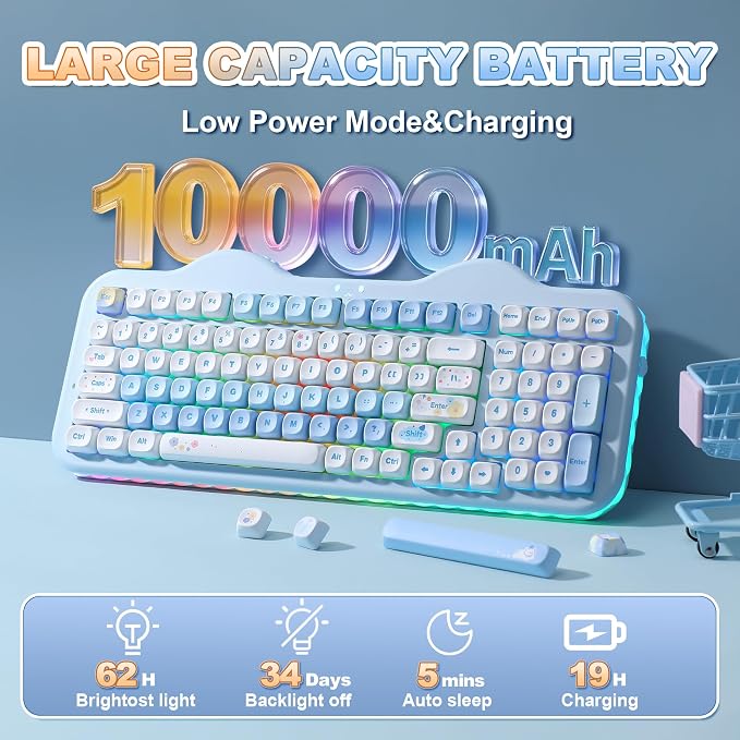 YUNZII C98 Cute Cake Wireless Mechanical Keyboard(Blue, Candy Switch) | 99 Keys with Number Pad, Hot Swap, PBT MOA Keycaps, BT5.0/2.4G/USB-C, Gasket Mount, Custom RGB Backlit for Win/Mac
