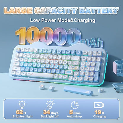 YUNZII C98 Cute Cake Wireless Mechanical Keyboard(Blue, Candy Switch) | 99 Keys with Number Pad, Hot Swap, PBT MOA Keycaps, BT5.0/2.4G/USB-C, Gasket Mount, Custom RGB Backlit for Win/Mac