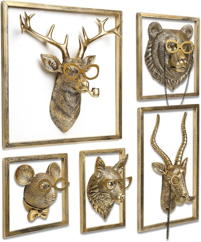 Newinhome Animal Heads Wall Decor (5pcs, Includes Metal Frame) Resin Animals Sculptures Head Wall Hanging Decoration Gold vintage Wall Sculpture for Living Room Bedroom Office