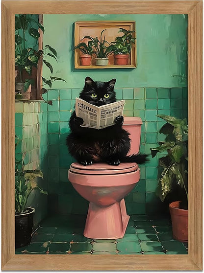 Funny Bathroom Wall Art Black Cat bathroom decor, funny Cat Bathroom Decor Canvas Print, funny Animal bathroom Wall Decor Framed Artwork for Bathroom Home 16x12 Inch