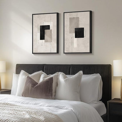Framed Neutral Abstract Wall Art Set of 2, Black Beige Modern Canvas Prints Paintings Artwork for Walls, Minimalist Block Lines Pictures for Living Room, Dining Room, Bedroom Wall Decor 16x24 In