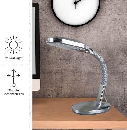 Lavish Home Desk Lamp - Natural Sunlight Lamp with Adjustable Gooseneck - Reading Light for Working, Crafting, Sewing, or Homework (Silver)