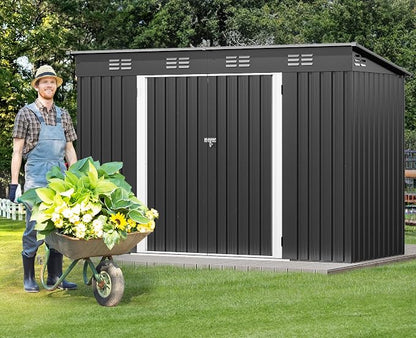 DWVO 9x4ft Large Tool Storage Shed with Lockable Doors, and Sloped Roof, Oversized Steel Outdoor Storage Shed for Garden, Patio, Garage, Backyard, Lawn - Dark Gray