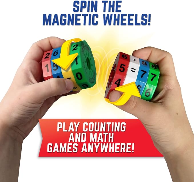 Geospace Original Math Spin Educational Travel Edition for Kids with Numbers & Arithmetic Operations- Handheld Magnetic Learning Game with 8 Magnetic Spin Wheels & Handmade Storage Pouch