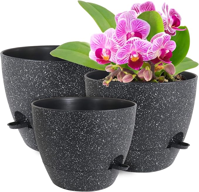 12/10/9 inch Large Self Watering Pots, Planter, Plant Pots with Mesh Drainage Holes for Indoor Outdoor Garden Plants, Plastic Flower Pots with Removable Deep Reservoir, Speckled Black