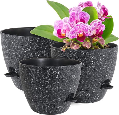 12/10/9 inch Large Self Watering Pots, Planter, Plant Pots with Mesh Drainage Holes for Indoor Outdoor Garden Plants, Plastic Flower Pots with Removable Deep Reservoir, Speckled Black