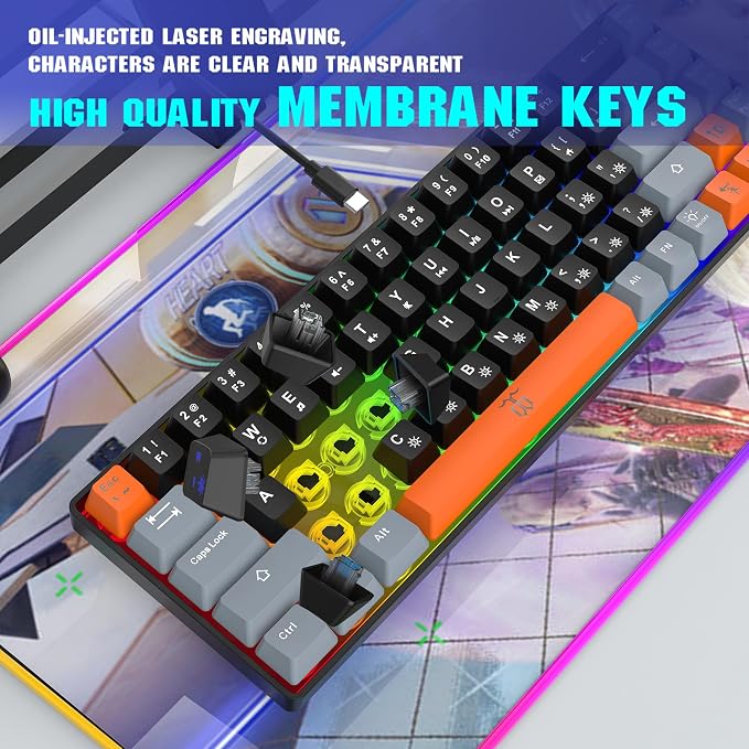 Snpurdiri 60% Percent Gaming Keyboard (68 Keys, Black-Grey-Orange) | Compact RGB Backlit Small Gaming Keyboard for Windows, PC, Laptop