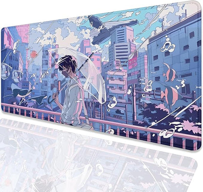 Japanese Fantasy City Boy Mouse Pad Desk Pad,Cute Kawaii Anime Mousepad,Large Extended Gaming Mouse Mat with Stitched Edges Non-Slip Waterproof Rubber Base Mous Mat for Desk Pad(27.5X11.8 in)