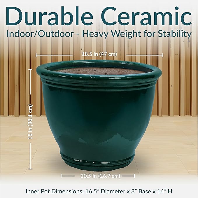 Sunnydaze Large Ceramic Plant Pot - Round Outdoor Glazed Ceramic Planter Pot with Drainage - Studio - Dark Green - 18.5"