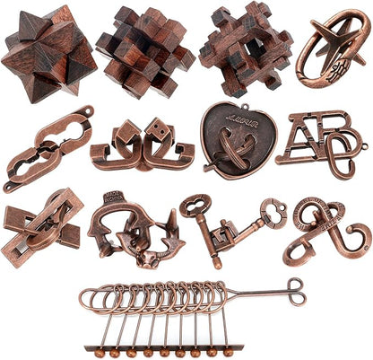 13 Pcs Brain Teaser Puzzles for Adults - Metal Puzzles 3D Puzzle Game Toys for Adults Teens - Wooden Unlock Interlocking Puzzle Adult IQ Education Smart Toys