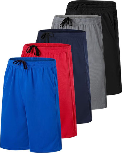 5 Pack Men's Mesh Shorts Athletic Basketball Sports Gym Workout Pockets | Cooling Moisture-Wicking, 9", Long, Quick-Dry, Breathable, Elastic Drawstring Waistband. Running, Exercise, Soccer, Training.