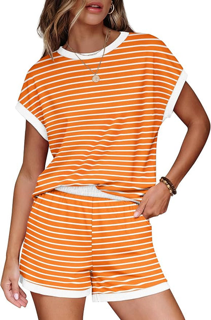 WIHOLL Two Piece Sets for Women Summer Lounge Short Sets Cap Sleeve Crew Neck Sweatsuit with Pocket XS-2XL