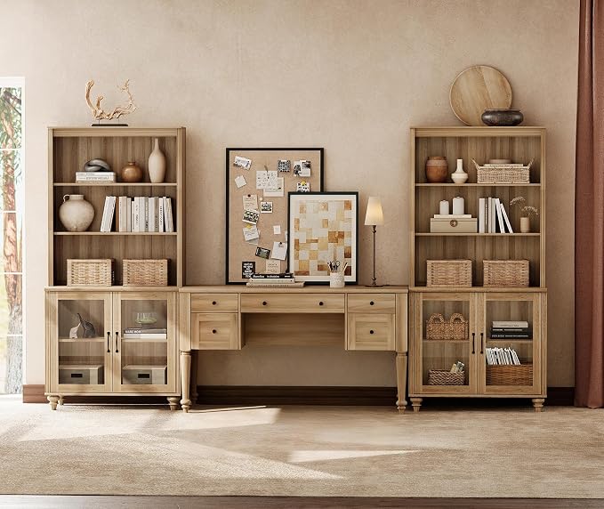 WAMPAT Home Office Furniture Set, 56'' Executive Desk with Charging Station, 72" Tall Bookcase with 4 Glass Doors, Wood Computer Desk with File Cabinet Storage, Open Shelf, Oak