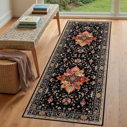 RELEANY Area Rugs Runner 3'x8' Washable Non-Slip, Floral Vintage Distress Medallion Carpet for Kitchen Hallway Bedroom Beside Laundry Room Bathroom, Black Colorful Floral Dark Tan
