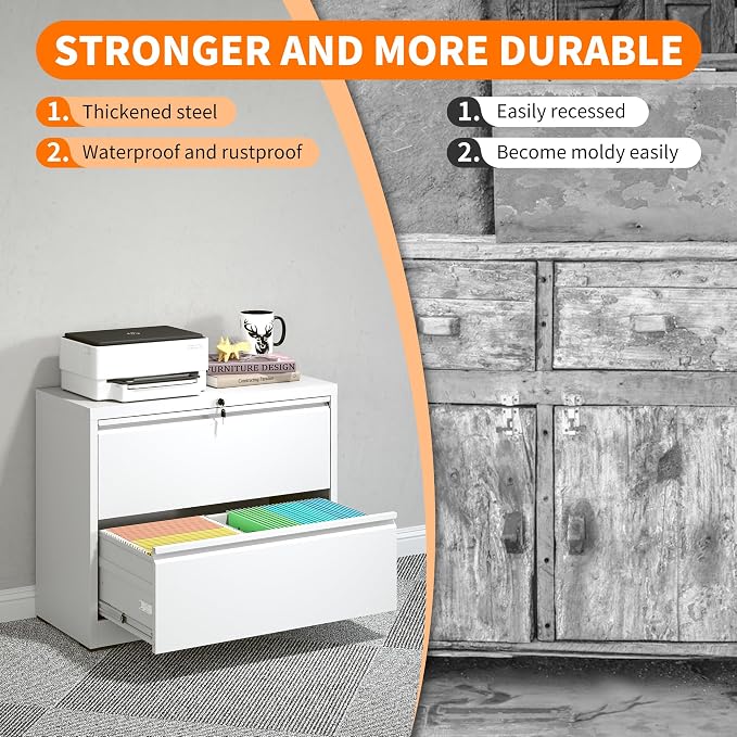 2 Drawer Lateral File Cabinet with Lock Heavy Duty Large Metal Filing Cabinets Home Office White Locking Cabinets Wide Steel Cabinet for Legal/Letter Size,Assembly Required