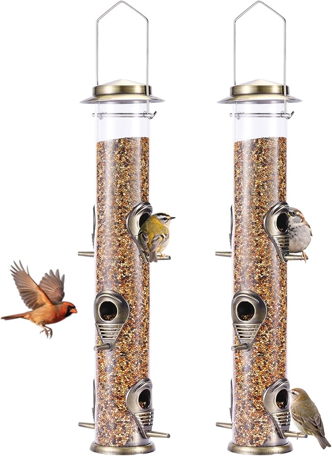 MIXXIDEA 2PK Metal Bird Feeders with 6 Feeding Ports,Tube Bird Feeder with Steel Hanger,Hard Plastic Wild Bird Feeder for Outdoors Hanging, Attracting Birds in Your Lawn, Garden, Balcony (Bronze)