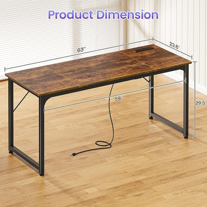 PRAISUN 63 X 24 Inch Computer Desk, Power Outlets, USB-C, Rustic Brown | Office Desk with 4 AC Outlets, USB & USB-C, Sturdy Metal Frame, Spacious Desktop for Work, Writing, Study & Gaming
