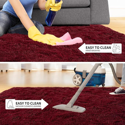 Tepook Fluffy Burgundy Rugs for Living Room, 8x10 Dark Red Area Rug for Bedroom, Soft Shaggy Plush Floor Carpet for Kids Girls Boys Room, Indoor Non Slip and Washable Carpets for Nursery Home Decor
