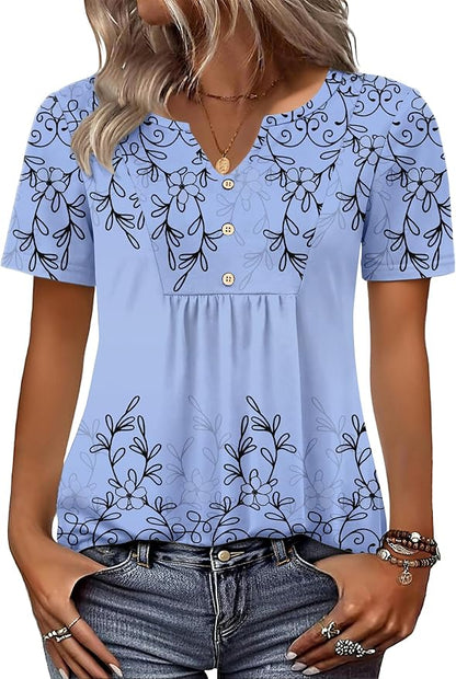 Zeagoo Womens Short Sleeve Tops Summer Henley V-Neck Tshirts Casual Pleated Blouse Dressy Loose Floral Basic Tee