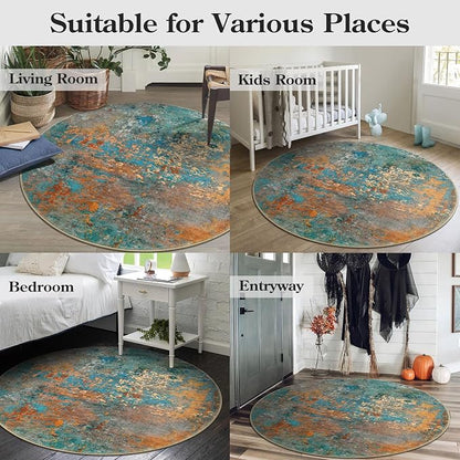 Lahome Modern Abstract Round Rug - 4Ft Colorful Rugs for Entryway Small Bathroom Rugs Washable 4x4 Circle Mat, Contemporary Indoor Floor Accent Carpet for Kitchen Bedroom Family Room Decor