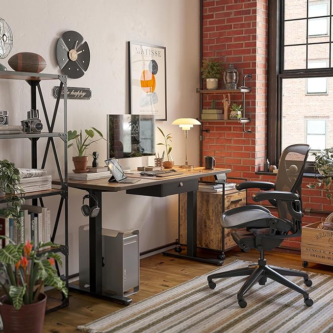 FEZIBO 55 x 24 Inches Standing Desk with Drawer, Adjustable Height Electric Stand up Desk with Storage, Sit Stand Home Office Desk, Ergonomic Computer Desk, Rustic Brown
