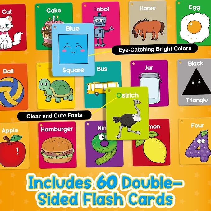 Torlam Toddler Flash Cards Baby Cognitive Flashcards for Kids, Learning Alphabet, Numbers, Shapes & Colors, Animals, First Words, Body Parts, Foods, Preschool Kindergarten Activities Educational Toys