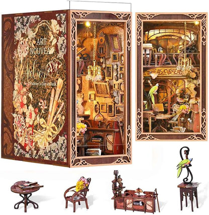 MiniCity Book Nook Kit, DIY Miniature Dollhouse Booknook Kit, 3D Wooden Puzzle Bookend Bookshelf Insert Decor with LED Light for Teens and Adults, Painter's Day at Dusk
