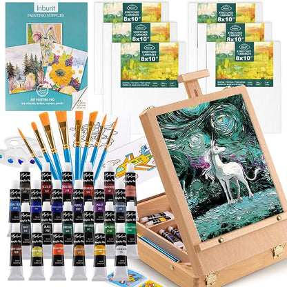 Inburit Art Paint Set with Wooden Easel Box, 24 Colors Acrylic Paints, 8 Paint Brushes, 6 Canvas Panel Deluxe Paining Supplies kit for Kids, Student, Adult & Artist