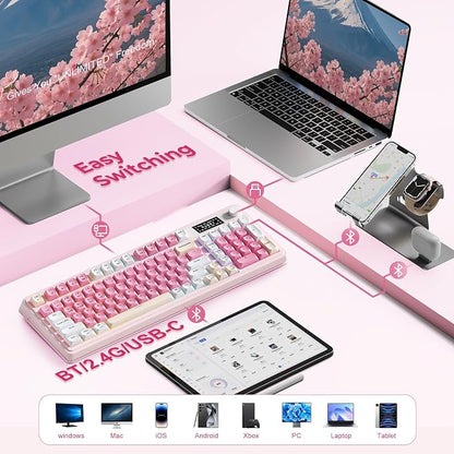 AULA S99pro Wireless Pink Keyboard,Full Size Creamy Gaming Keyboard | Tri-Mode Bluetooth/wireless/2.4GHz,RGB Backlit,Media Knob Programmable ABS Keycaps&Screen,Membrane Keyboard with Number Pad