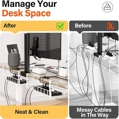 2 Pack Under Desk Tray, 31.4" No Drill Wire Management with Upgraded Clamp, Metal Cord Organizers for Desk, PC Cable Rack, White