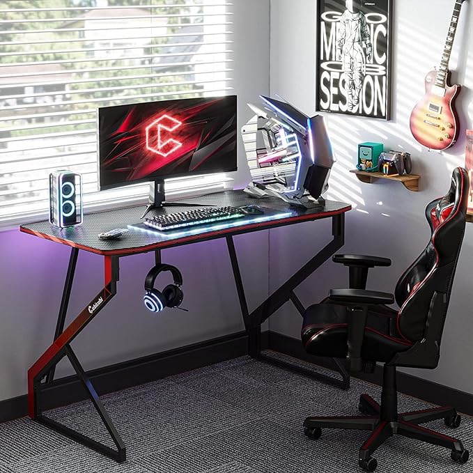 CubiCubi Simple Gaming Desk Z Shaped 40 inch Gamer Workstation, Home Computer Carbon Fiber Surface Gaming Desk PC Table with Headphone Hook