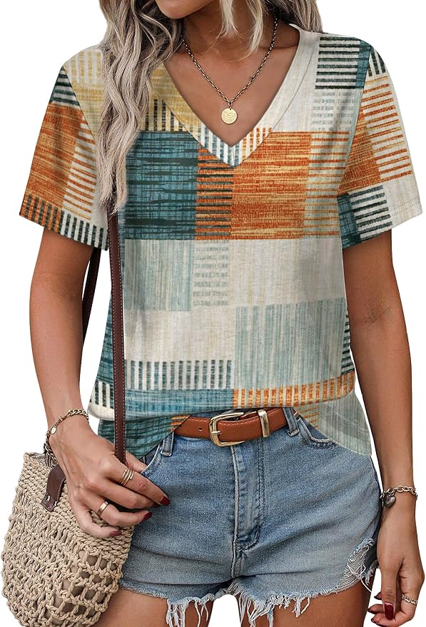 Alaroo Womens Summer Tops 2026 V Neck Short Sleeve Shirts Trendy Dressy Casual Vacation Outfits Printed