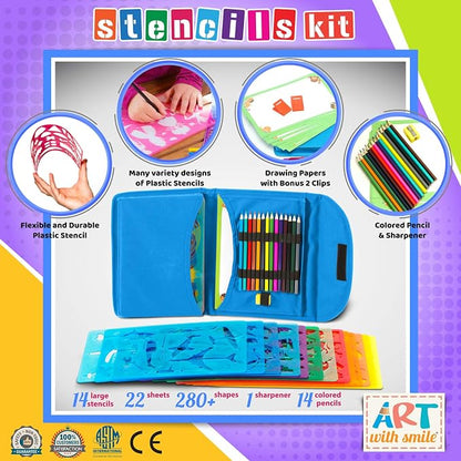 Drawing Stencils Set for Kids (55 Piece) - Arts and Crafts Set for Girls & Boys - Christmas & Birthday Gifts for Kids 4 5 6 7 8 9+ Year Old - Ideal Creativity Kit & Travel Activity with 300+ Shapes