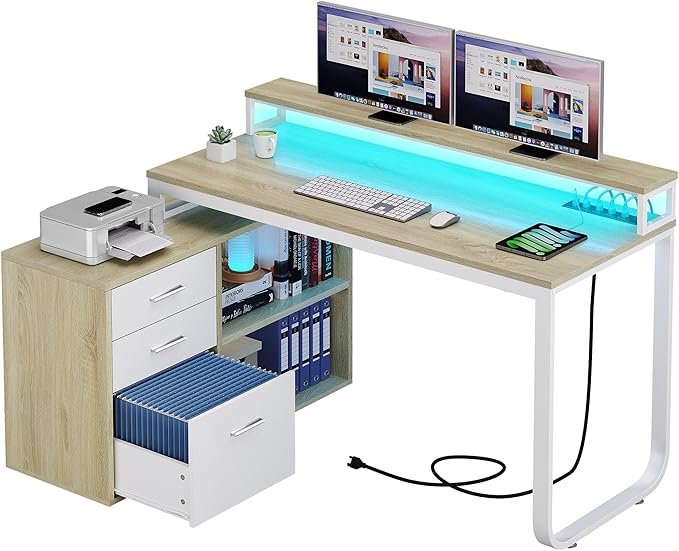 YITAHOME L Shaped Desk with Power Outlets & LED Lights & File Cabinet, 55" Corner Computer Desk with 3 Drawers & 2 Storage Shelves, Home Office Desk with Monitor Stand, Oak & White