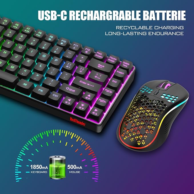 RedThunder K84 Wireless Keyboard and Mouse Combo, Rainbow Backlit Rechargeable Battery, 75% Layout TKL Ultra Compact Gaming Keyboard & Lightweight 3200 DPI Honeycomb Optical Mouse (Black)