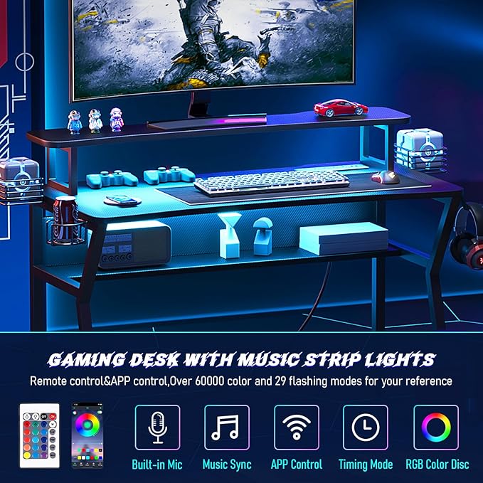 Gaming Desk with Power Outlet&Led Lights, Computer Desk with Monitor Stand and Open Shelf,Gamer Table Workstation with Cup Holder, Headphone Hook, 2 Speaker Stand for Home Office