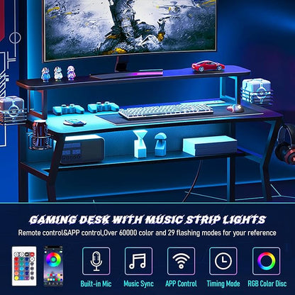 Gaming Desk with Power Outlet&Led Lights, Computer Desk with Monitor Stand and Open Shelf,Gamer Table Workstation with Cup Holder, Headphone Hook, 2 Speaker Stand for Home Office
